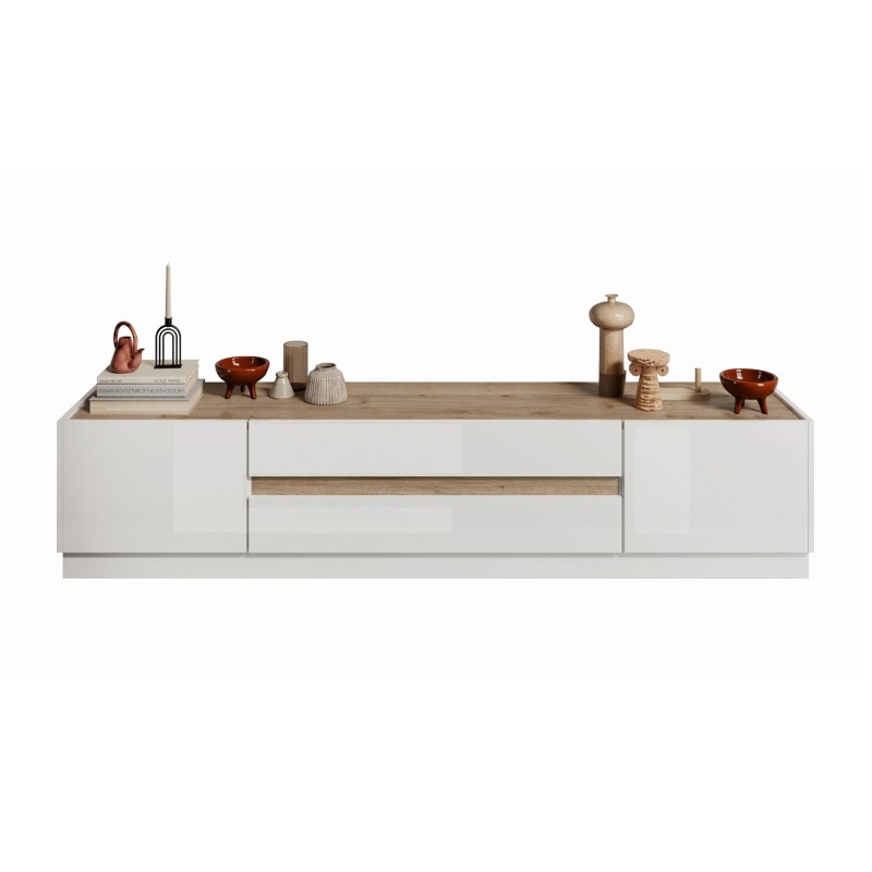 Meuble TV 205cm collection FANZY. Coloris blanc laqué et chêne clair, idéal dans un salon design