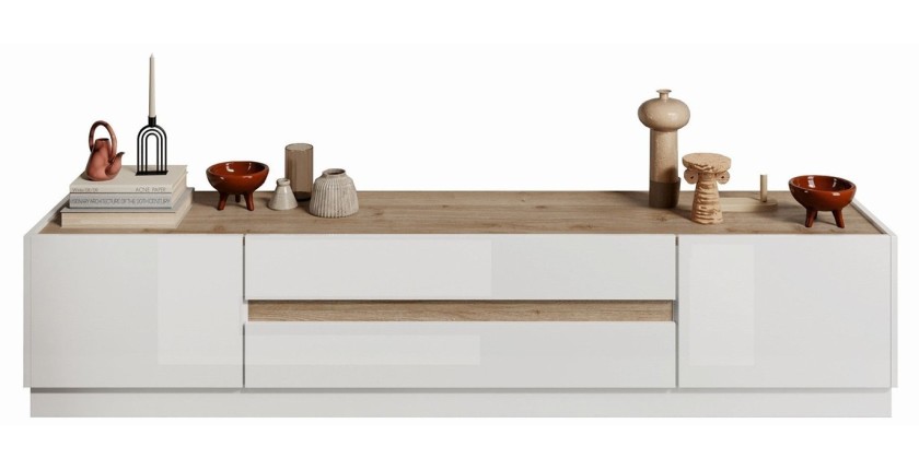 Meuble TV 205cm collection FANZY. Coloris blanc laqué et chêne clair, idéal dans un salon design