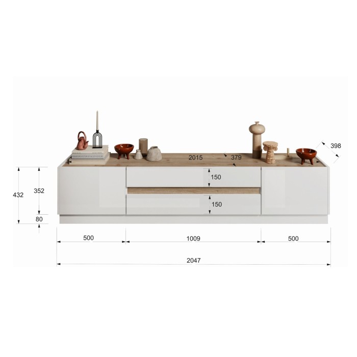 Meuble TV 205cm collection FANZY. Coloris blanc laqué et chêne clair, idéal dans un salon design