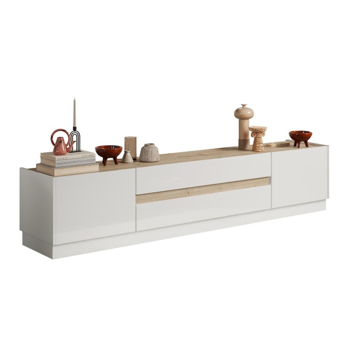 Meuble TV 205cm collection FANZY. Coloris blanc laqué et chêne clair, idéal dans un salon design