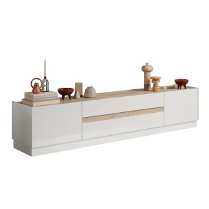 Meuble TV 205cm collection FANZY. Coloris blanc laqué et chêne clair, idéal dans un salon design