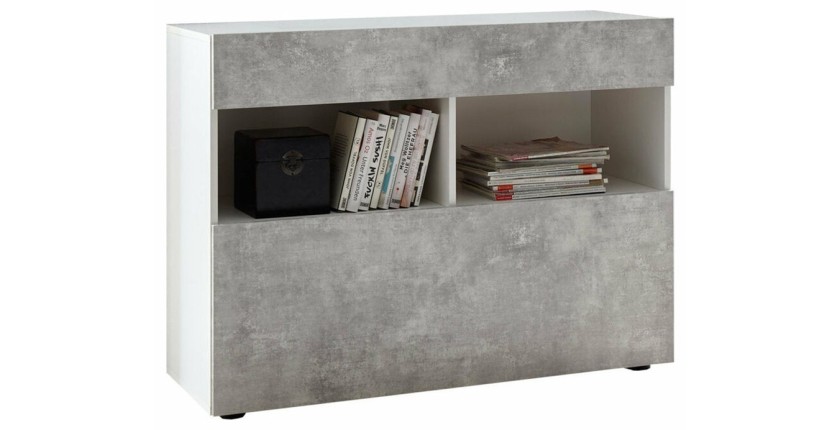 Buffet 1 tiroir et 1 porte abattante, collection SULTANO, coloris blanc effet béton, idéal pour votre salon