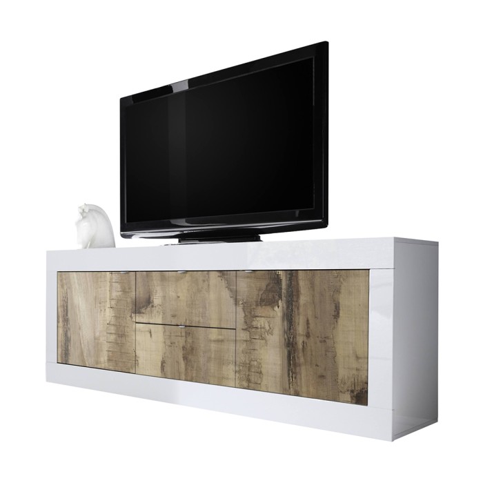 Buffet 2 portes et 2 tiroirs, collection CISA, coloris blanc laqué brillant et chêne clair