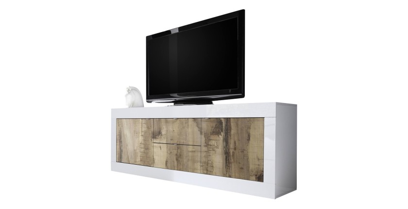 Buffet 2 portes et 2 tiroirs, collection CISA, coloris blanc laqué brillant et chêne clair