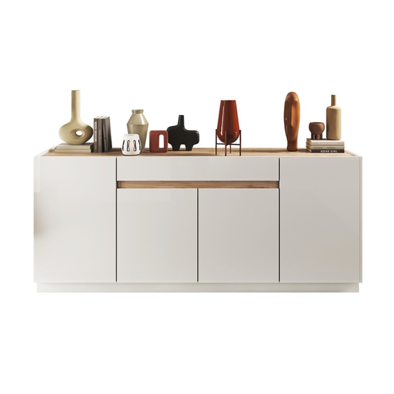 Buffet 4 portes 1 tiroir collection FANZY. Coloris blanc laqué & chêne Cadiz