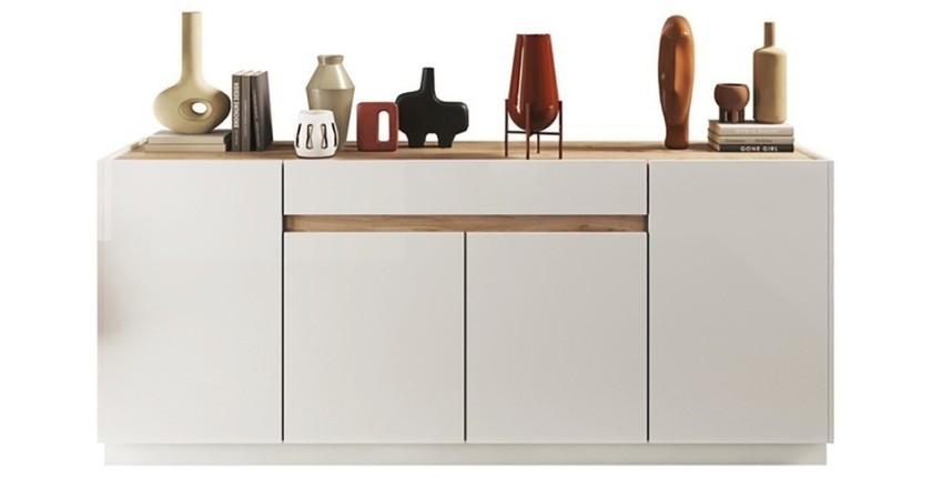 Buffet 4 portes 1 tiroir collection FANZY. Coloris blanc laqué & chêne Cadiz