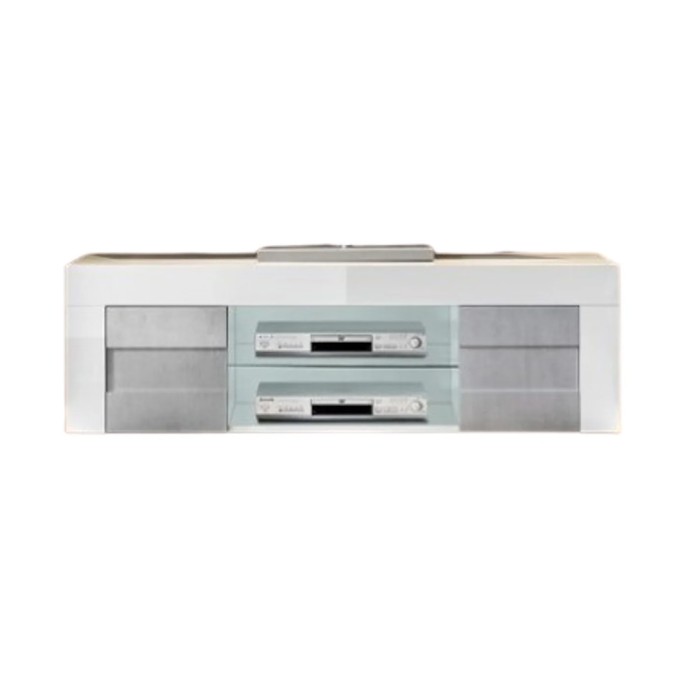 Meuble tv 180cm, 2 portes, collection JET, coloris blanc laqué brillant et gris aspect béton