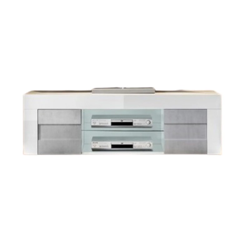 Meuble tv 180cm, 2 portes, collection JET, coloris blanc laqué brillant et gris aspect béton