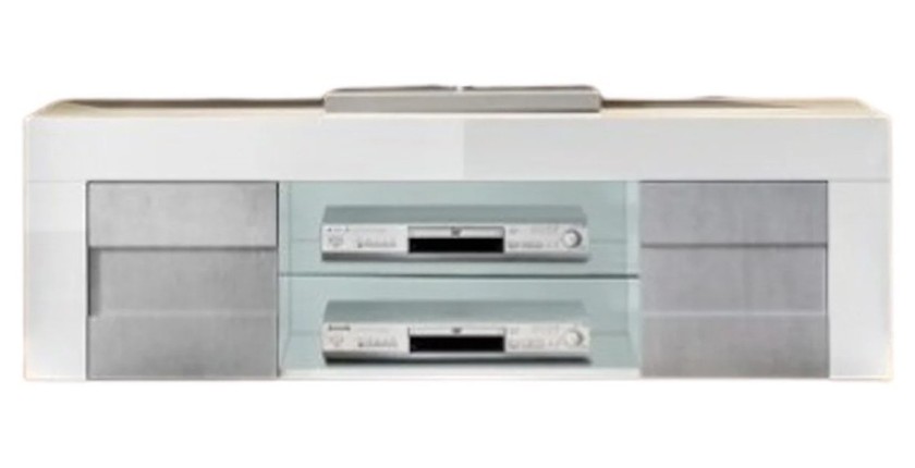 Meuble tv 180cm, 2 portes, collection JET, coloris blanc laqué brillant et gris aspect béton