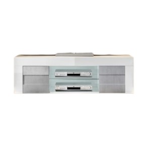 Meuble tv 180cm, 2 portes, collection JET, coloris blanc laqué brillant et gris aspect béton