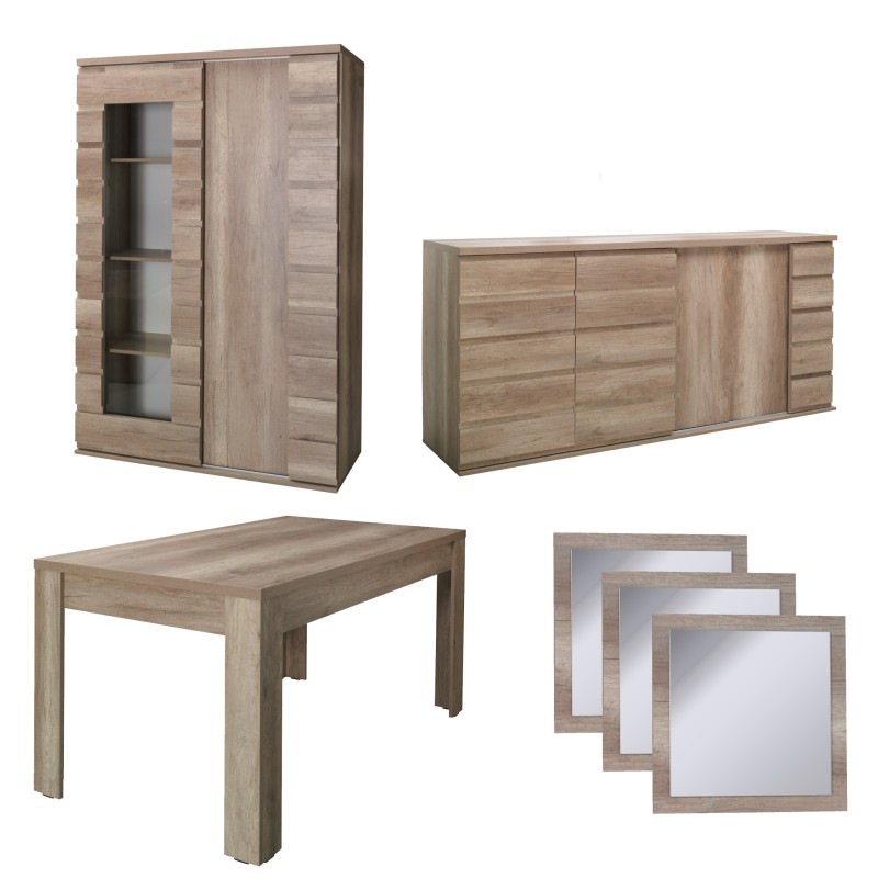 Ensemble salle à manger ROMI – Buffet, vaisselier, table 160 cm, miroirs – Chêne dab canyon