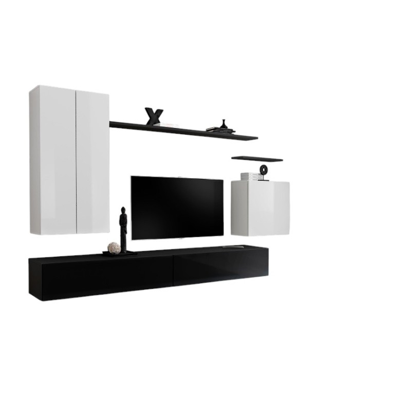 Ensemble meuble salon collection SWITCH II design, coloris blanc et noir brillant.