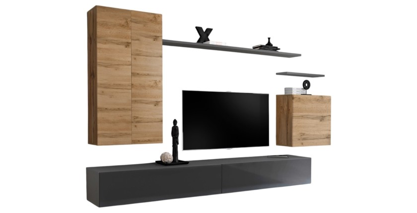 Ensemble meuble salon SWITCH II design, coloris chêne Wotan et gris brillant.