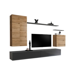 Ensemble meuble salon SWITCH II design, coloris chêne Wotan et gris brillant.