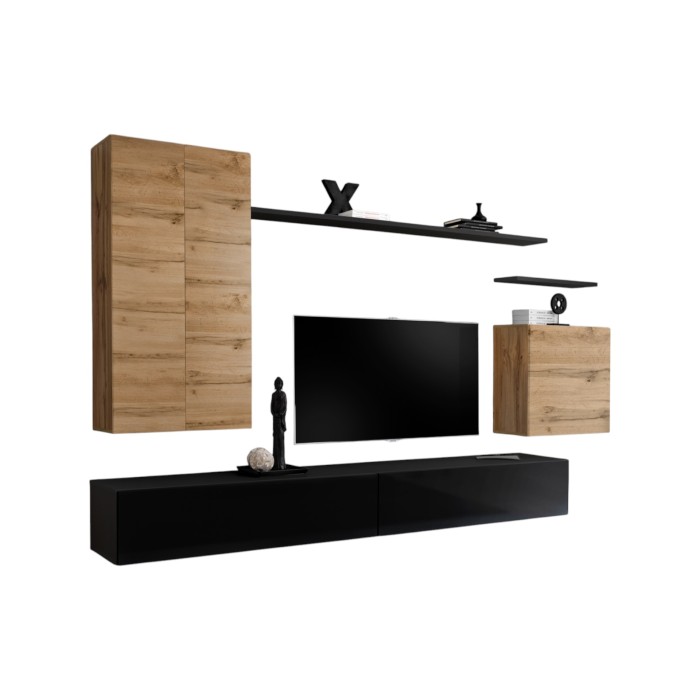 Ensemble de meubles de salon collection SWITCH II design, coloris chêne et noir brillant.