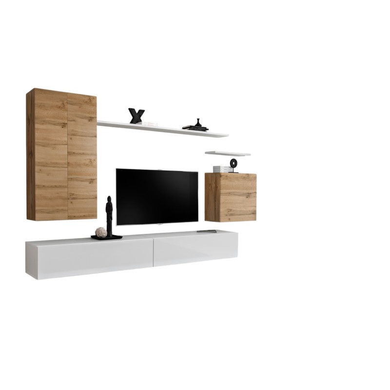 Ensemble meuble salon SWITCH II design, coloris chêne Wotan et blanc brillant.