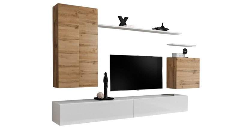 Ensemble meuble salon SWITCH II design, coloris chêne Wotan et blanc brillant.