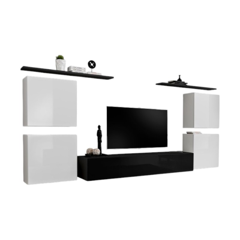 Ensemble meuble salon SWITCH IV design, coloris noir et blanc brillant.