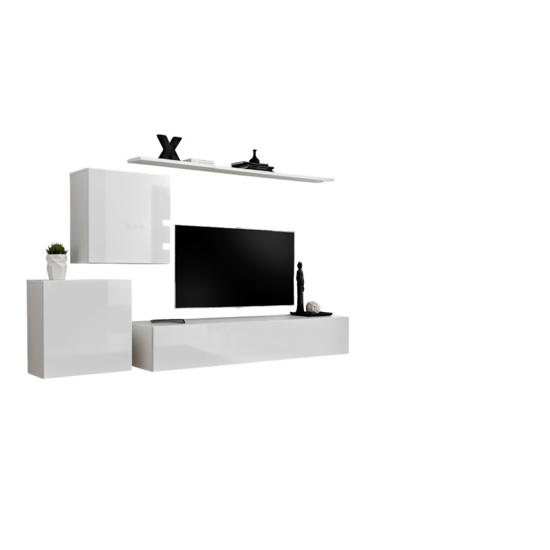 Ensemble meuble salon mural SWITCH V design, coloris blanc brillant.