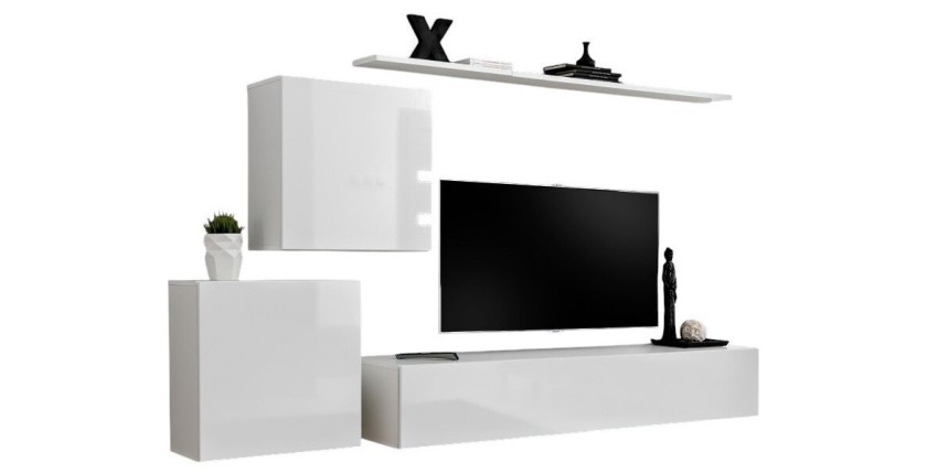 Ensemble meuble salon mural SWITCH V design, coloris blanc brillant.
