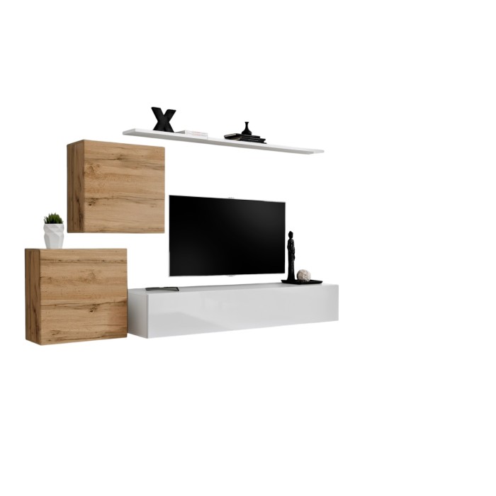 Ensemble de meubles design de salon SWITCH V, coloris chêne et blanc finitions chêne fraisé et blanc brillant.