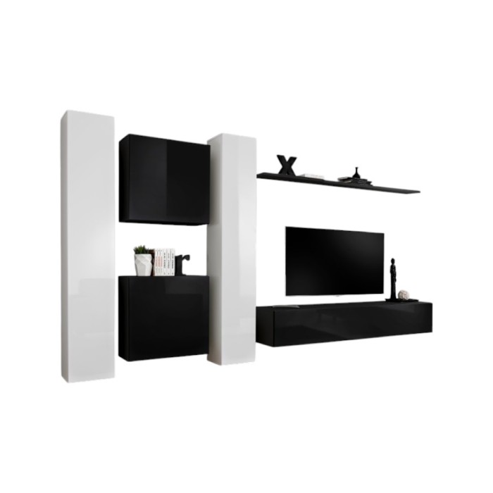 Ensemble meuble salon SWITCH VI design, coloris noir et blanc brillant.
