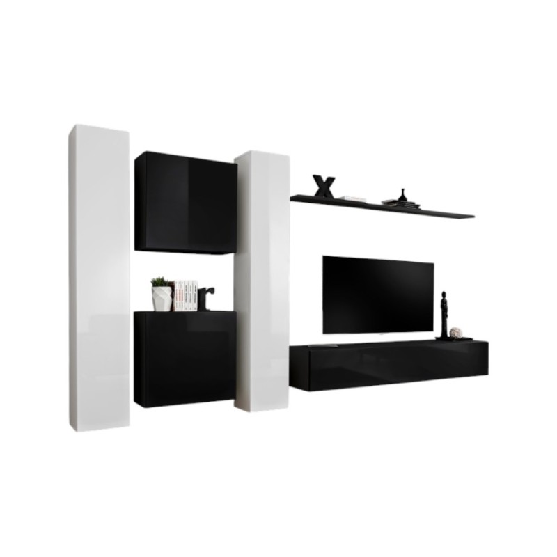 Ensemble meuble salon SWITCH VI design, coloris noir et blanc brillant.