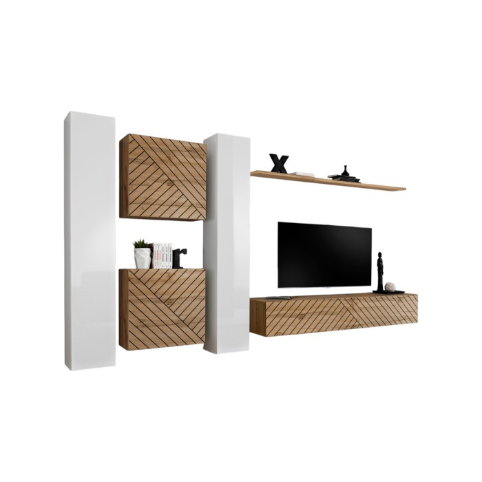 Ensemble meubles design salon SWITCH VI, chêne/blanc, finition chêne effet fraisé et blanches brillantes