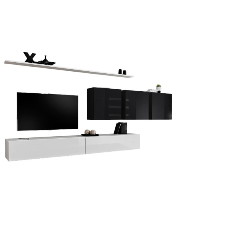 Ensemble meuble salon SWITCH VII design, coloris blanc et noir brillant.