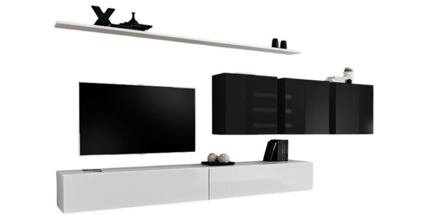 Ensemble meuble salon SWITCH VII design, coloris blanc et noir brillant.