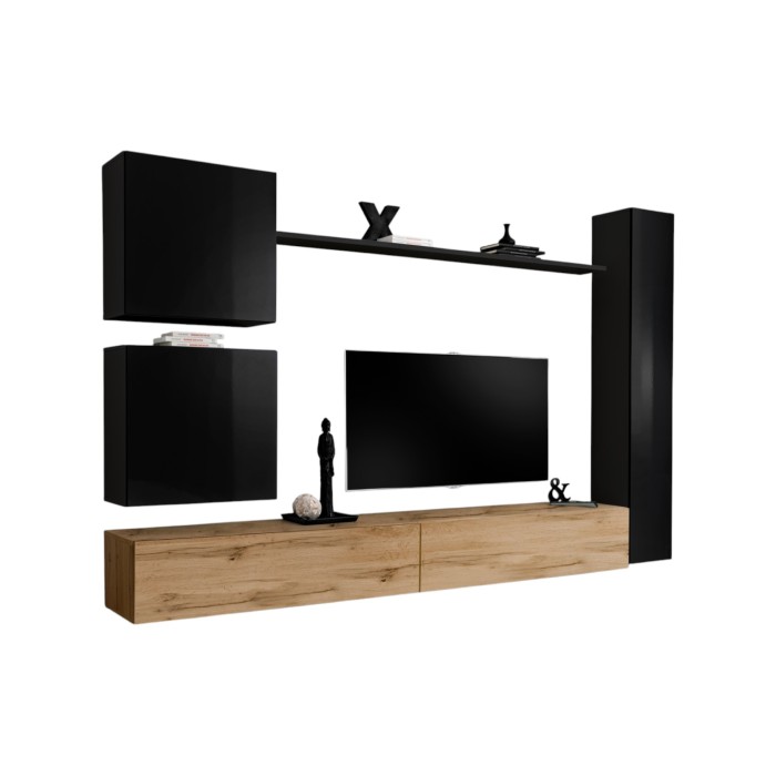 Ensemble meuble pour salon, mural, SWITCH VIII.Meuble TV mural design, coloris chêne Wotan et noir brillant.