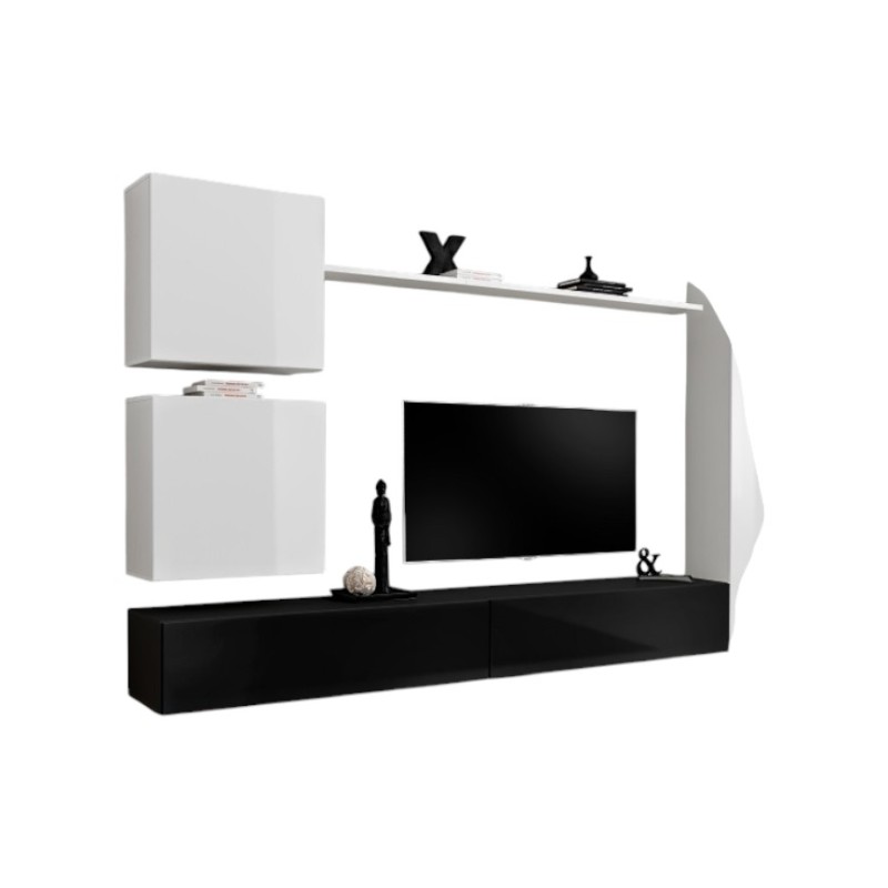 Ensemble meuble salon mural SWITCH VIII. Meuble TV mural design, coloris noir et blanc brillant.