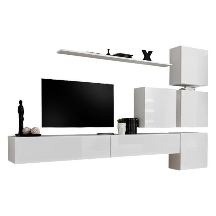 Ensemble meuble salon mural SWITCH IX design, coloris blanc brillant.