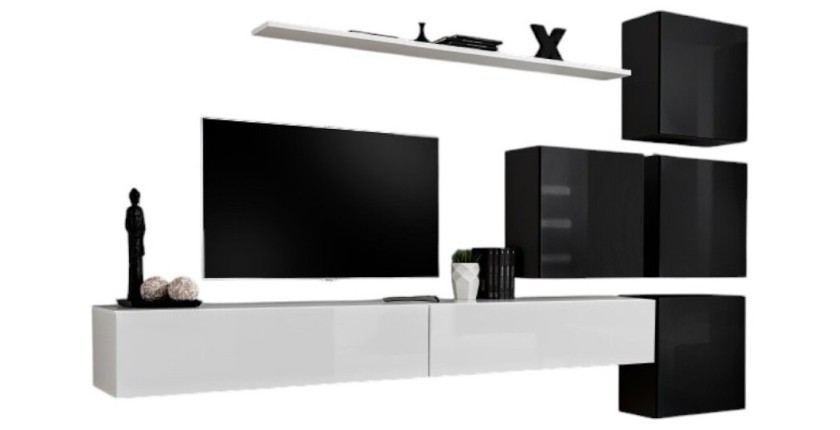 Ensemble meuble salon mural SWITCH IX design, coloris blanc et noir brillant.