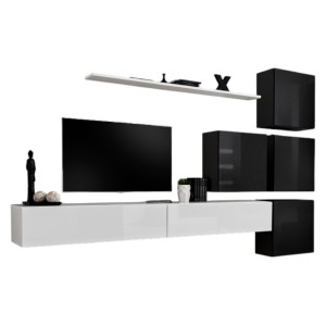 Ensemble meuble salon mural SWITCH IX design, coloris blanc et noir brillant.