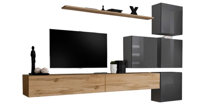 Ensemble meuble salon mural SWITCH IX design, coloris chêne Wotan et gris brillant.