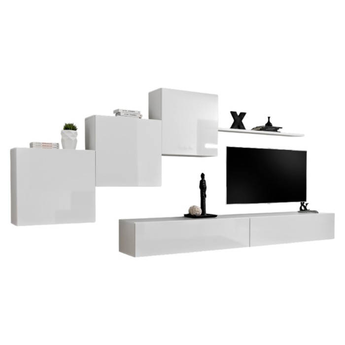 Ensemble meuble salon mural SWITCH X design, coloris blanc brillant.