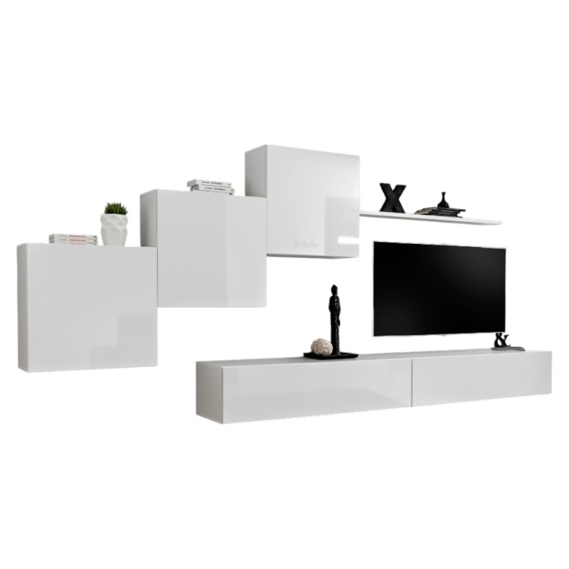 Ensemble meuble salon mural SWITCH X design, coloris blanc brillant.