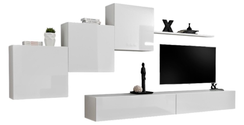 Ensemble meuble salon mural SWITCH X design, coloris blanc brillant.
