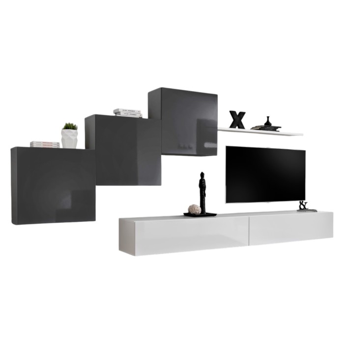 Ensemble meuble salon mural SWITCH X design, coloris blanc et gris brillant.