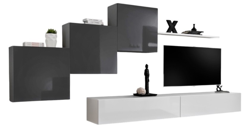 Ensemble meuble salon mural SWITCH X design, coloris blanc et gris brillant.