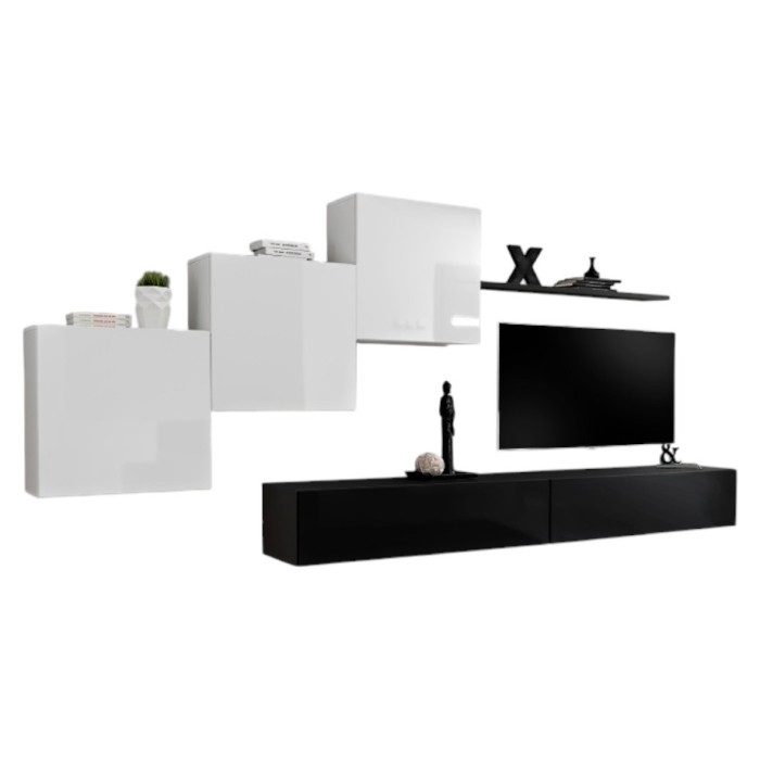 Ensemble meuble salon mural SWITCH X design, coloris noir et blanc brillant.