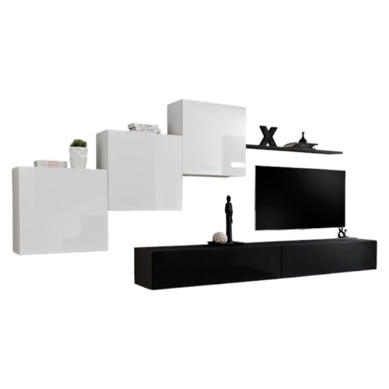 Ensemble meuble salon mural SWITCH X design, coloris noir et blanc brillant.