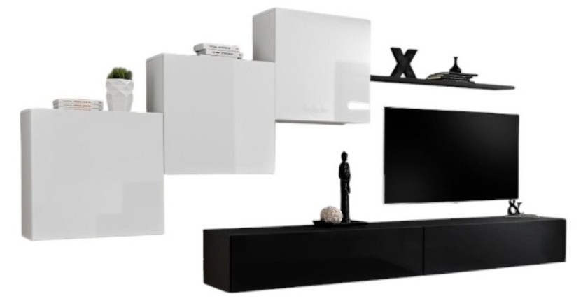 Ensemble meuble salon mural SWITCH X design, coloris noir et blanc brillant.