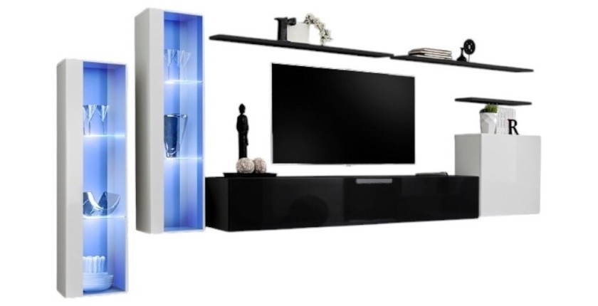 Ensemble meuble salon mural SWITCH XI design, coloris blanc et noir brillant