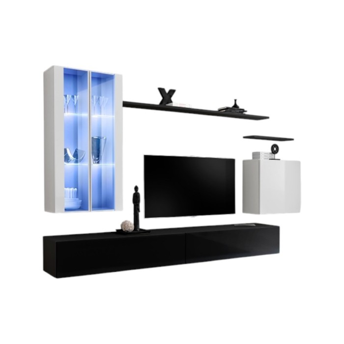 Ensemble meuble salon mural SWITCH XII design, coloris noir et blanc brillant.