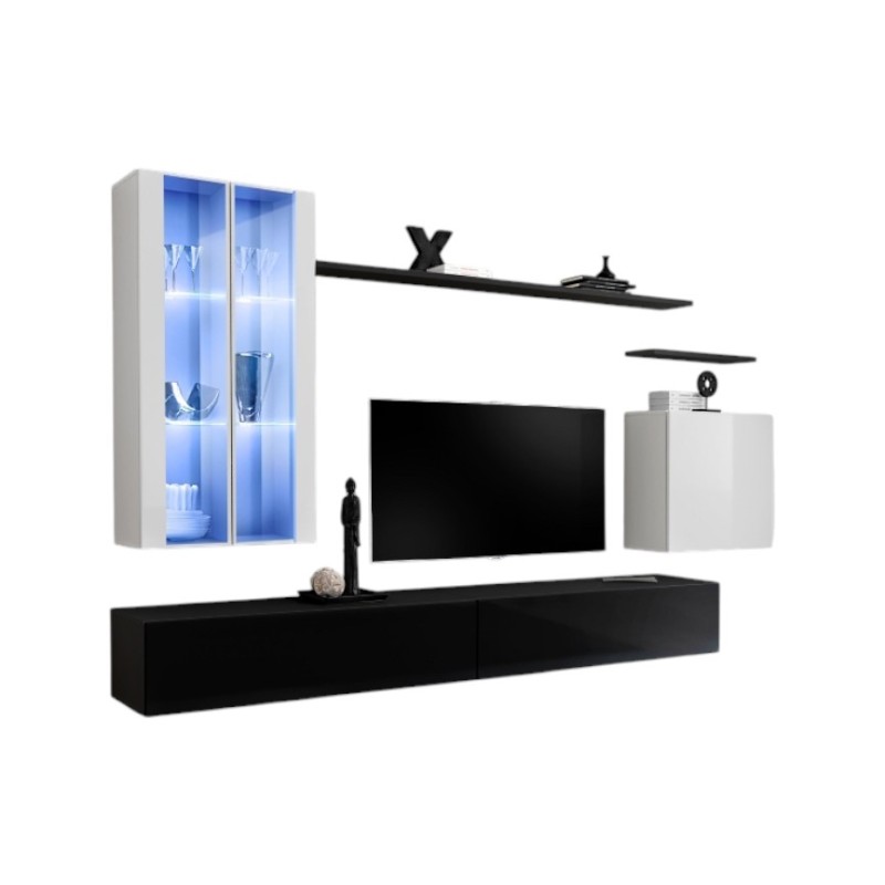 Ensemble meuble salon mural SWITCH XII design, coloris noir et blanc brillant.