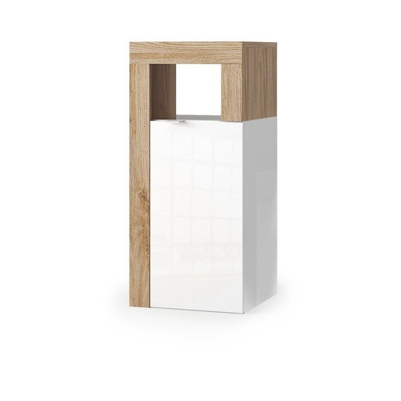 Meuble de salle de bains BURA – 1 porte – Blanc brillant laqué et chêne clair – Design moderne