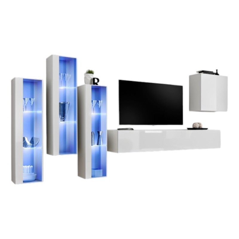 Ensemble meuble salon mural SWITCH XIII design, coloris blanc brillant.