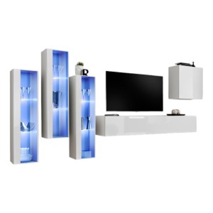 Ensemble meuble salon mural SWITCH XIII design, coloris blanc brillant.